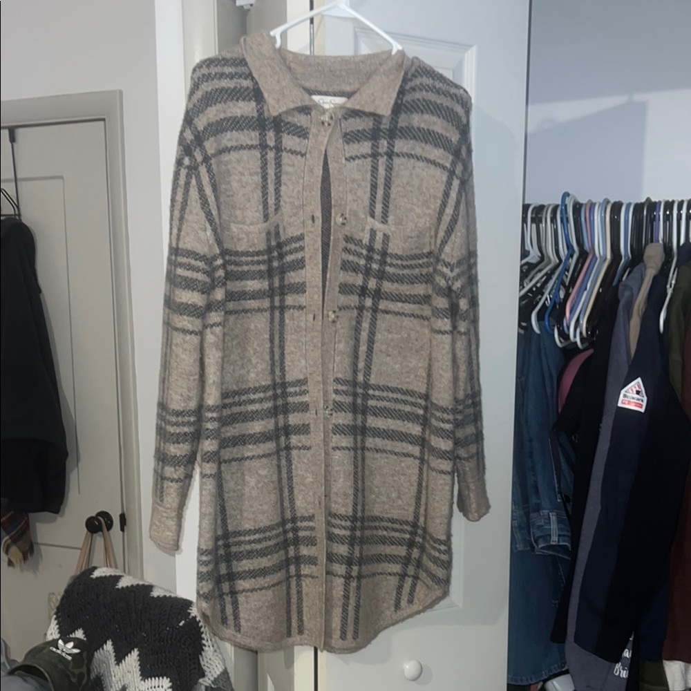 Plaid Button-Up Sweater - Tan and Gray